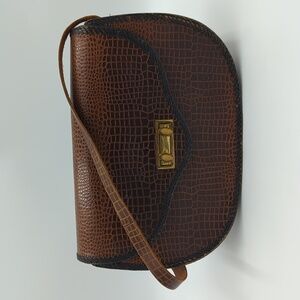 Vintage 60s Crocodile Leather Handbag Brown Women's Braid Trim Retro Tooled